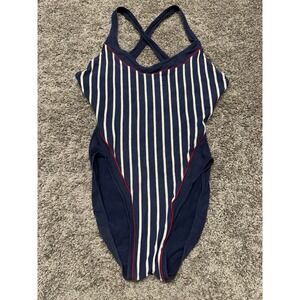 VTG Rose Marie Reid 12 Piece RED WHITE BLUE Stripe Swimsuit High Leg Low Back